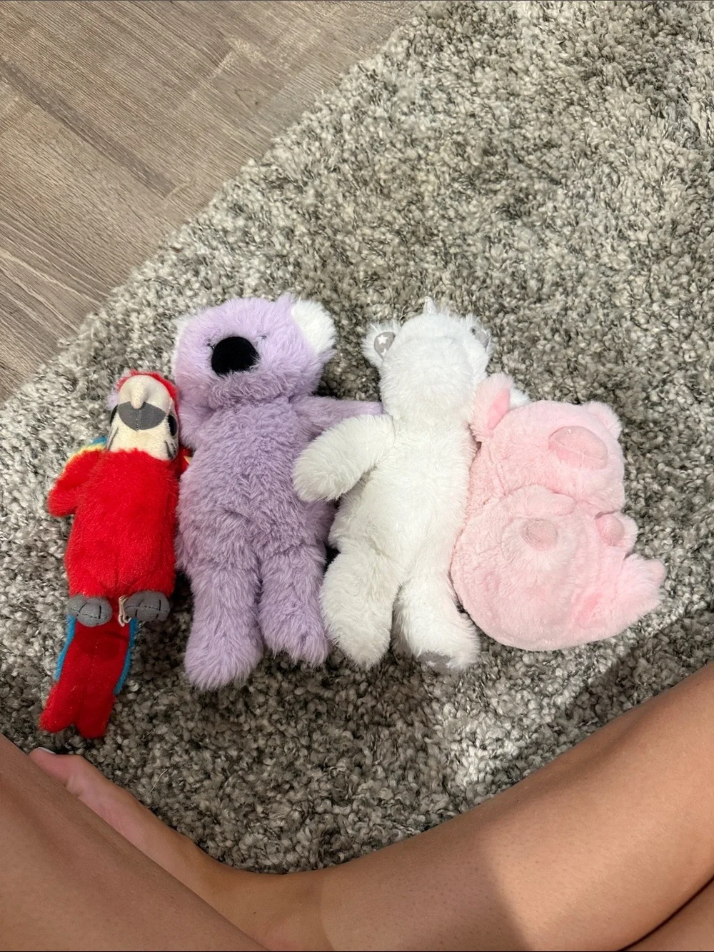 Set of 4 Small Plush Toys - Parrot, Purple Koala, White Bear, Pink Pig